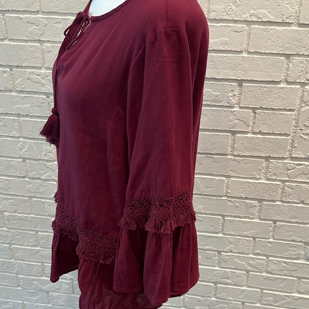 a.n.a Burgundy Blouse with Tassel and Lace Accents - Picture 6 of 9